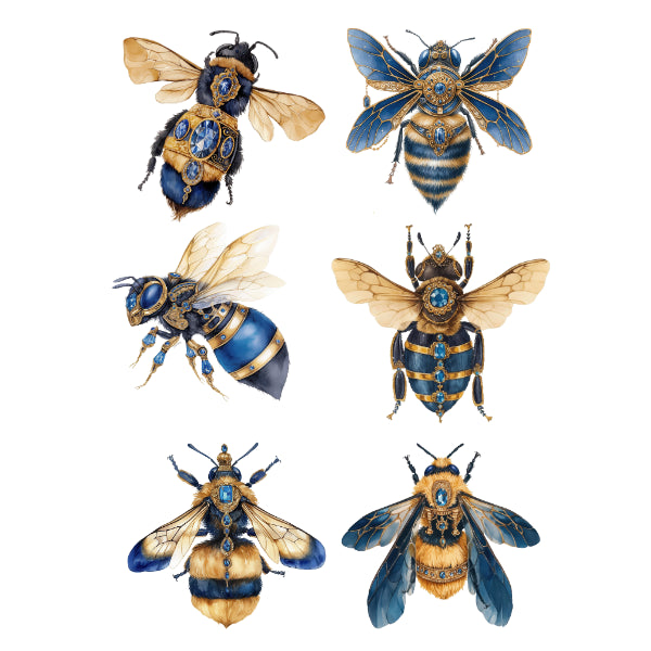 Set of six decorative bees with blue and gold accents. Blue Bees White Cloud Decor Transfer