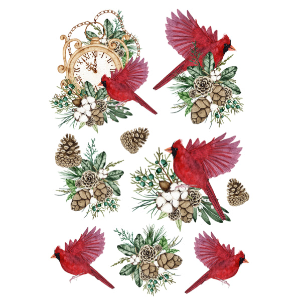 Decorative design with red cardinals, pinecones, and floral elements. White Cloud Decor Transfer Christmas 6