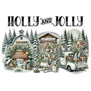 Christmas-themed scene with a truck, trees, and festive signs under 'Holly and Jolly' text. Holly & Jolly 1 White Cloud Decor Transfer