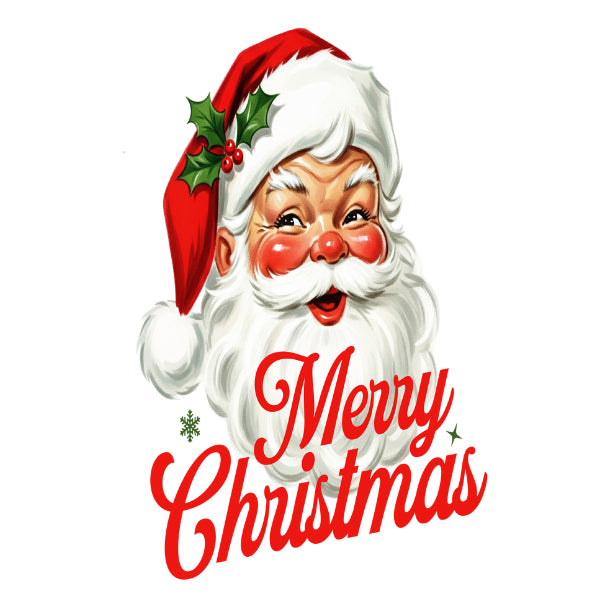 Vintage-style illustration of Santa Claus with 'Merry Christmas' text on a white background. Santa 4 White Cloud Decor Transfer