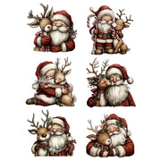 Set of six Christmas-themed illustrations featuring Santa Claus and reindeer on a white background. Santa & Reindeer 1 White Cloud Decor Transfer