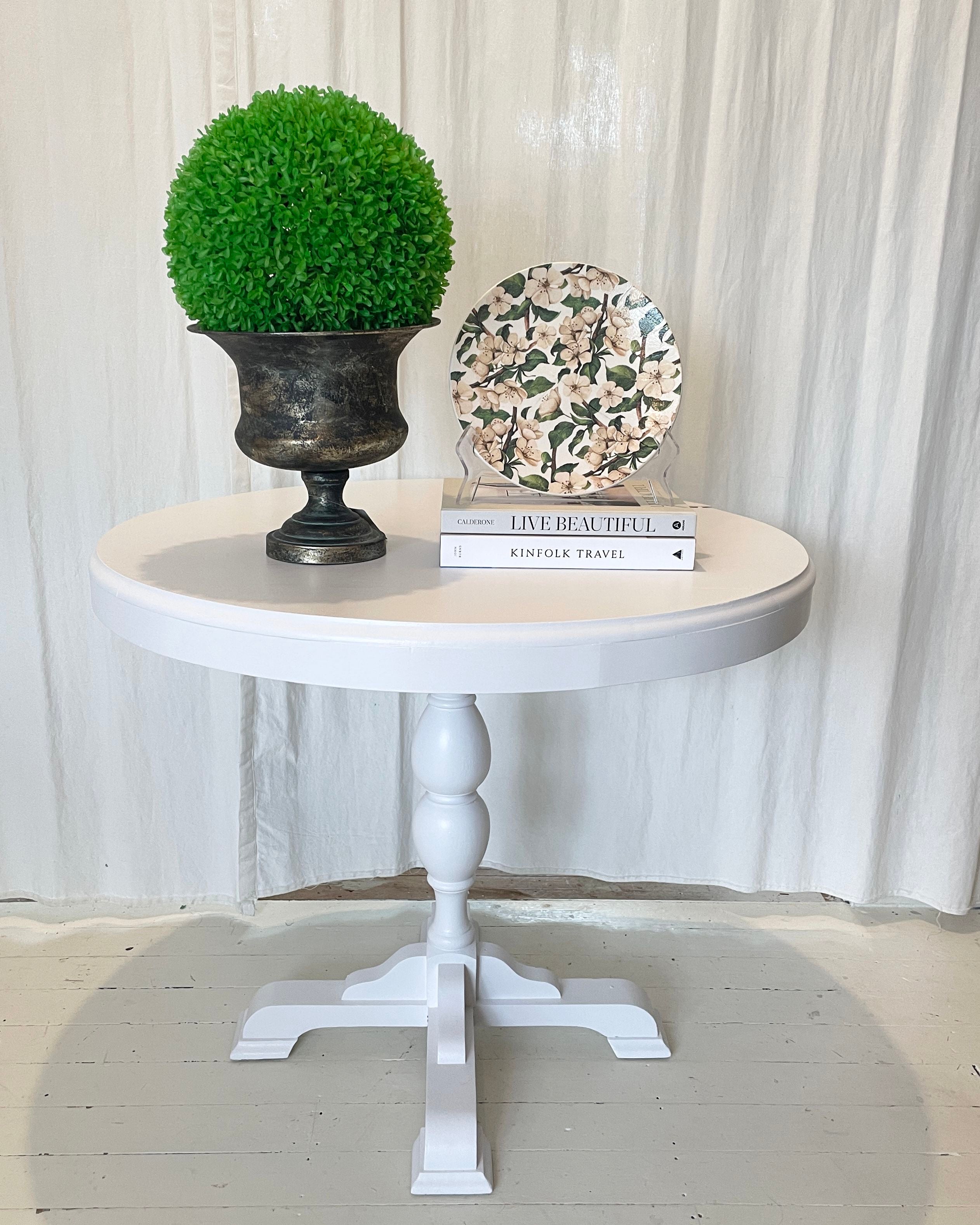 Satin White Round Table White Table Dooney & Daughters