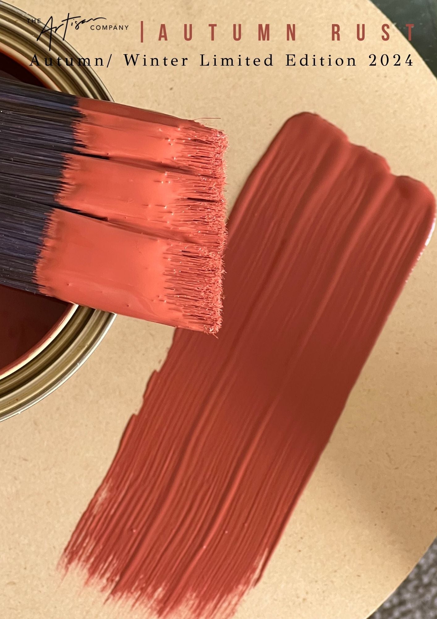 Open tin of Autumn Rust wall paint – warm orange-brown artisan colour