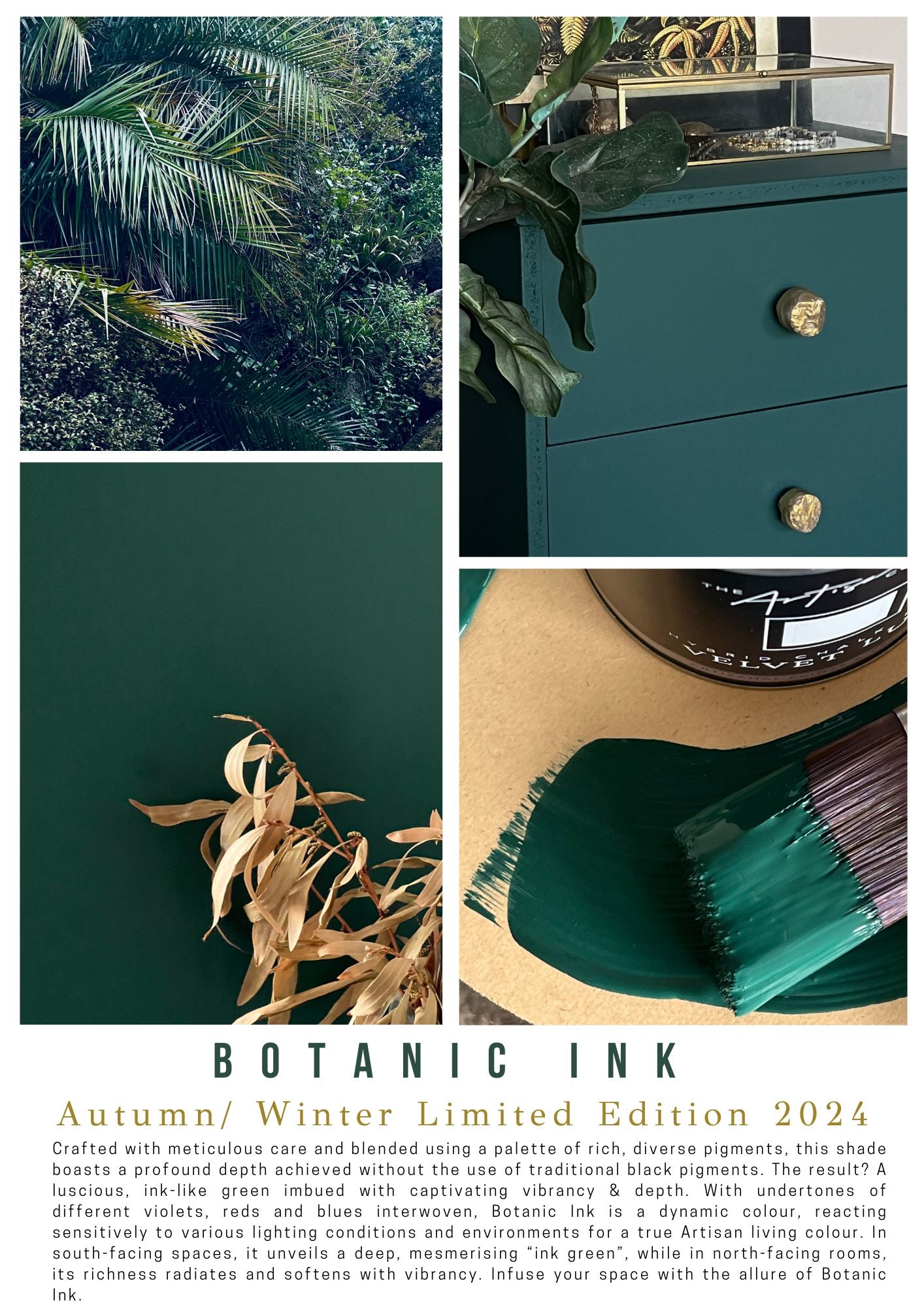 Bold deep green wall paint colour – Botanic Ink paired with metallic accents