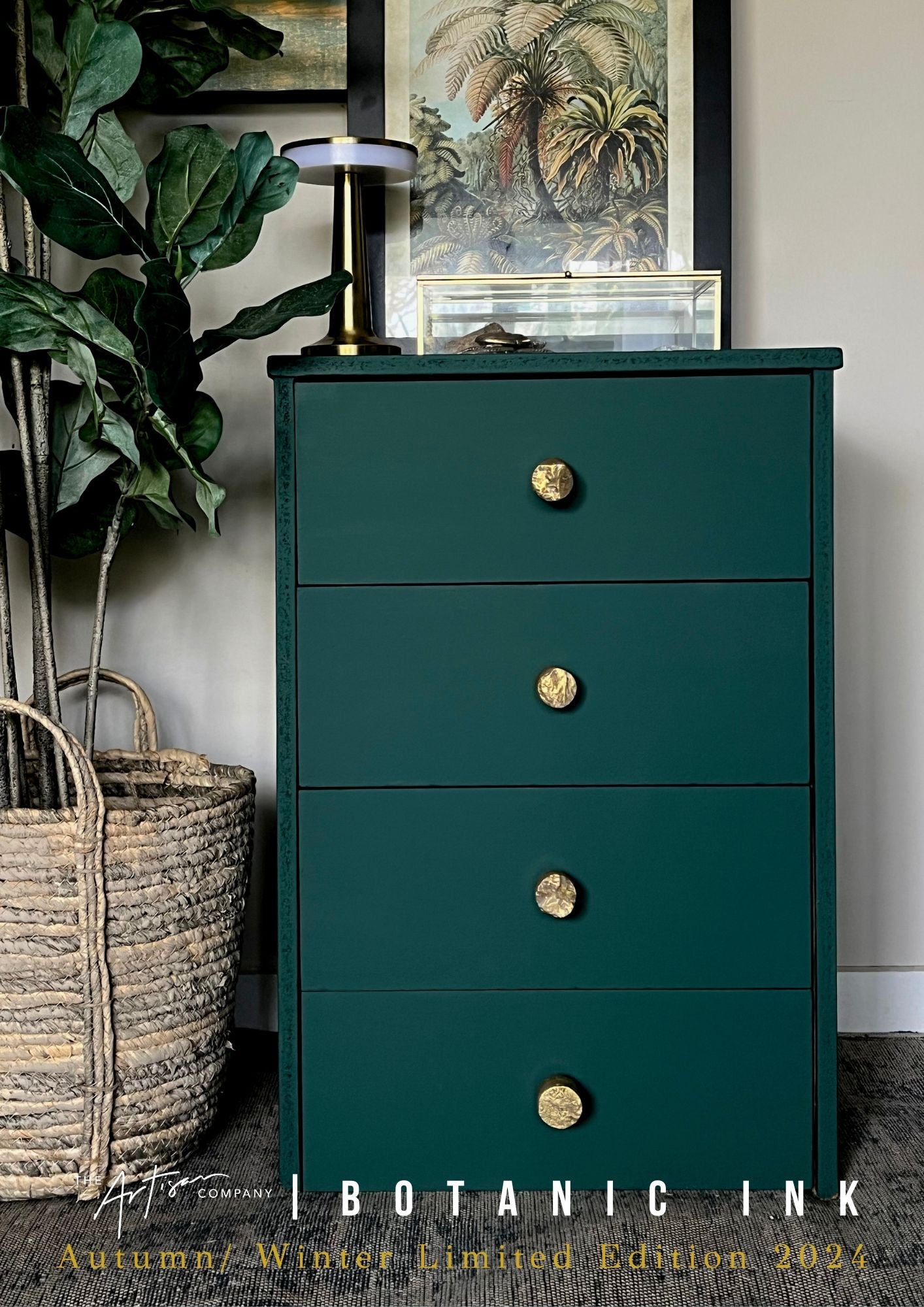 Cabinet painted in Botanic Ink Velvet Luxe – bold artisan green finish