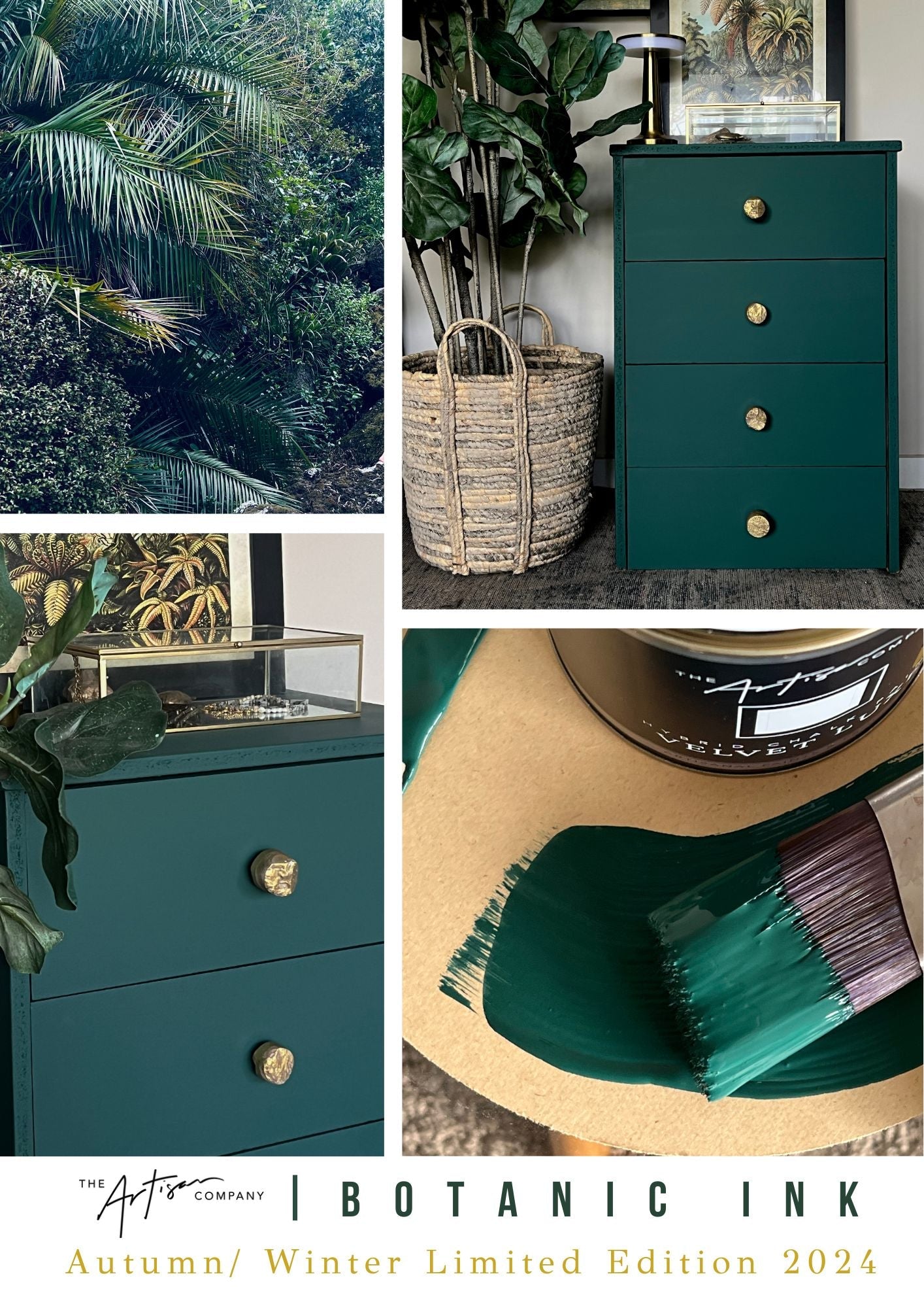 Artisan green Velvet Luxe – Botanic Ink styled with metallic accents and rattan