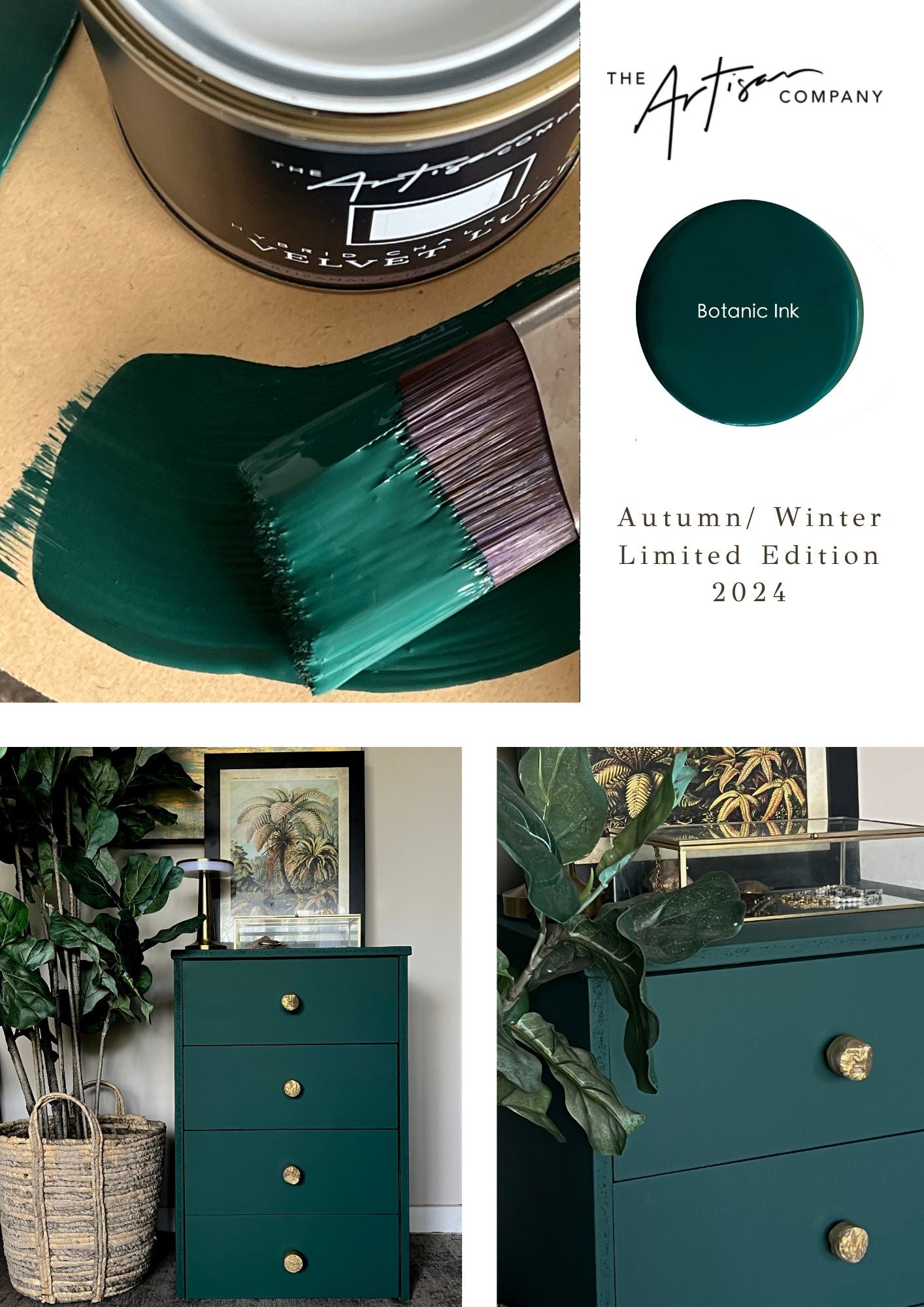 Living space with Botanic Ink wall paint – moody artisan green tone