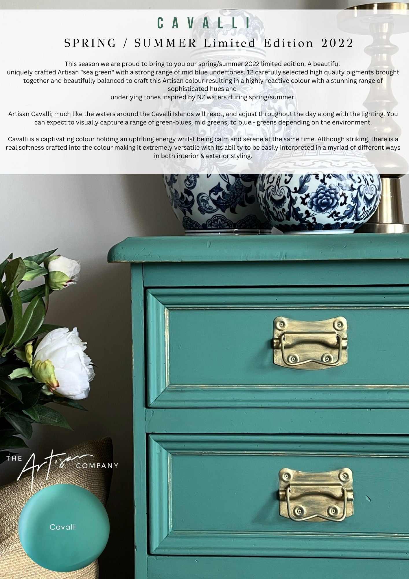 Furniture painted in Cavalli wall paint – soft blue-green artisan tone
