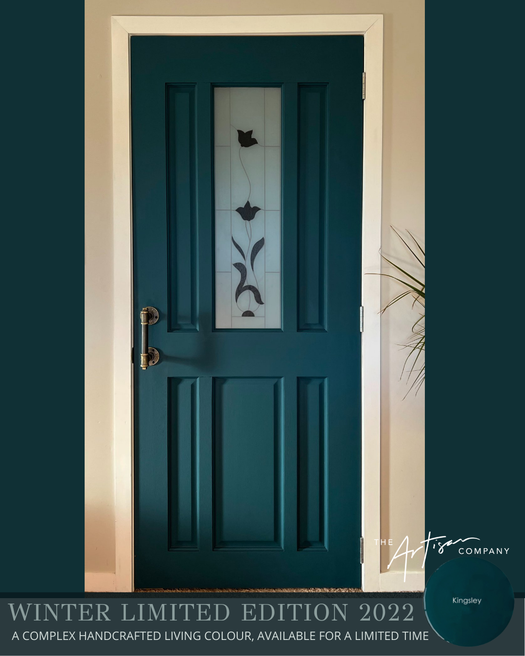 Kingsley  paint on door – artisan blue-green finish with gold accents