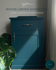 Upcycled furniture piece in Kingsley wall paint – deep blue-green tones