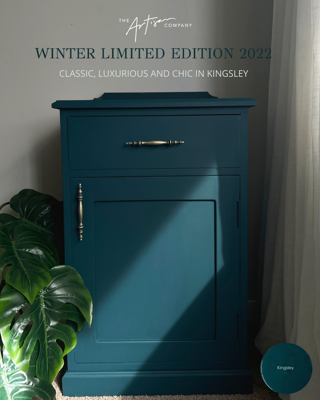 Upcycled furniture piece in Kingsley wall paint – deep blue-green tones