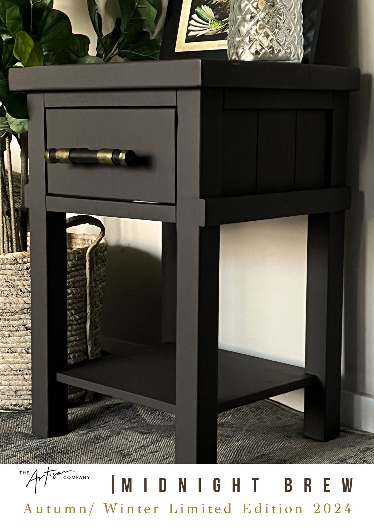 Furniture painted in Midnight Brew wall paint – moody dark brown-charcoal finish