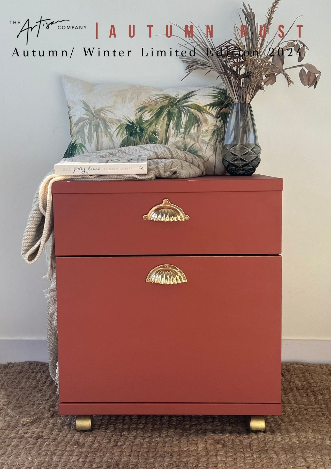 Filing cabinet painted in Autumn Rust chalk paint – earthy burnt orange finish