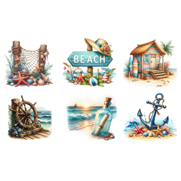Beach Day 1 White Cloud Decor Transfer. Set of beach-themed illustrations including a hut, anchor, and bottle with a message