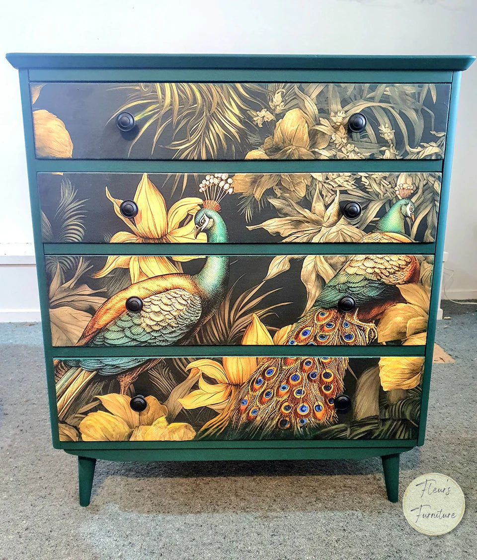 Drawers painted in Botanic Ink Premium Chalk Paint and decoupaged with A Peacock Pair Mint decoupage paper 
