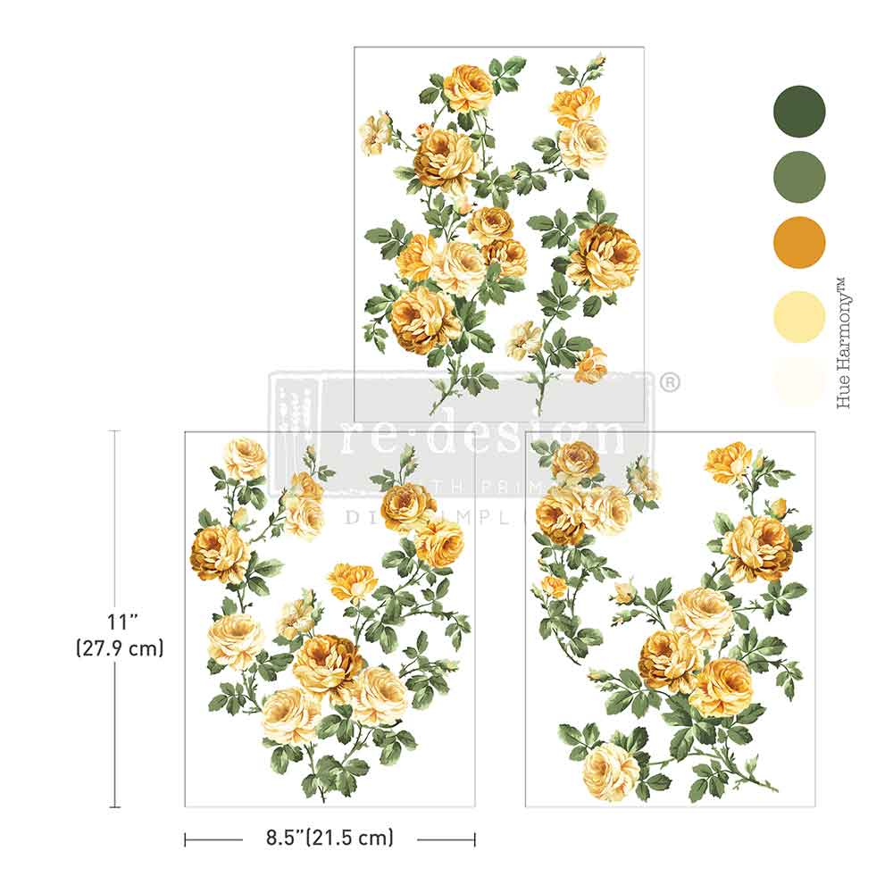 Floral design with yellow roses and green leaves, including measurements and color swatches. Bouquet De Provence Middy Redesign Transfer