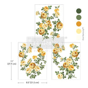 Floral design with yellow roses and green leaves, including measurements and color swatches. Bouquet De Provence Middy Redesign Transfer