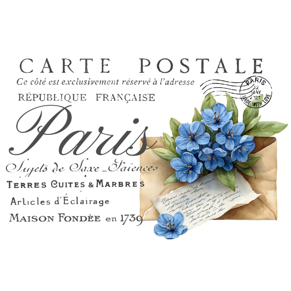 Vintage-style postcard design with blue flowers and an envelope, featuring French text. Carte Postale 13 White Cloud Decor Transfer 