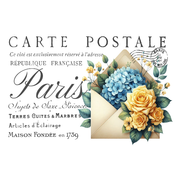 Carte Postale design with flowers and envelope. Carte Postale 14 White Cloud Decor Transfer