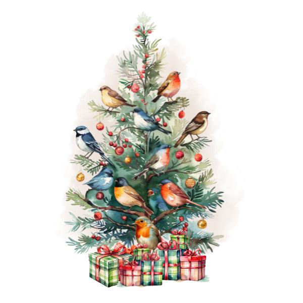 Christmas Birds & Tree White Cloud Decor Transfer