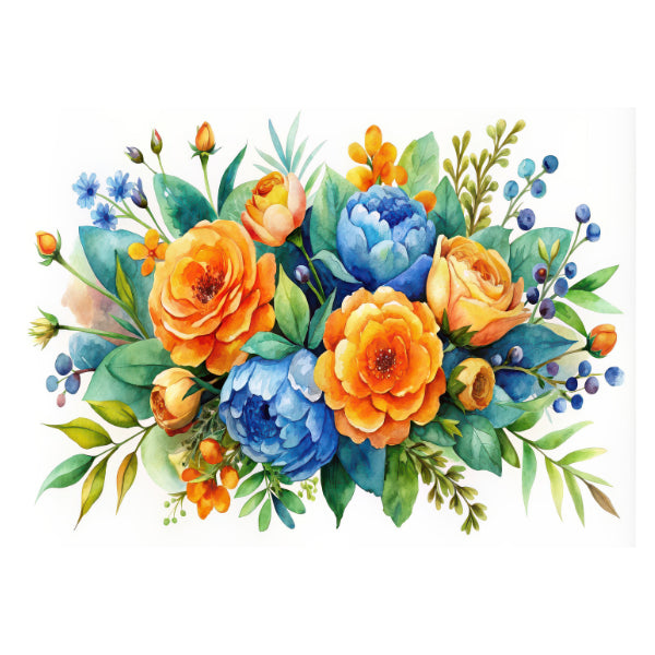 Colorful floral arrangement with orange, blue, and green flowers. Citrus Skies White Cloud Decor Transfer
