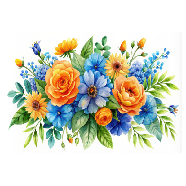 Colorful floral arrangement with orange, blue, and yellow flowers. Citrus Skies 2 White Cloud Decor Transfer