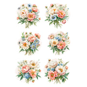 Set of six floral bouquets in pastel colors. White Cloud Decor Transfer.