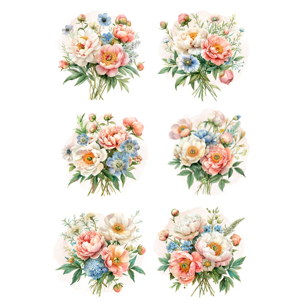 Set of six floral bouquets in pastel colors. White Cloud Decor Transfer.