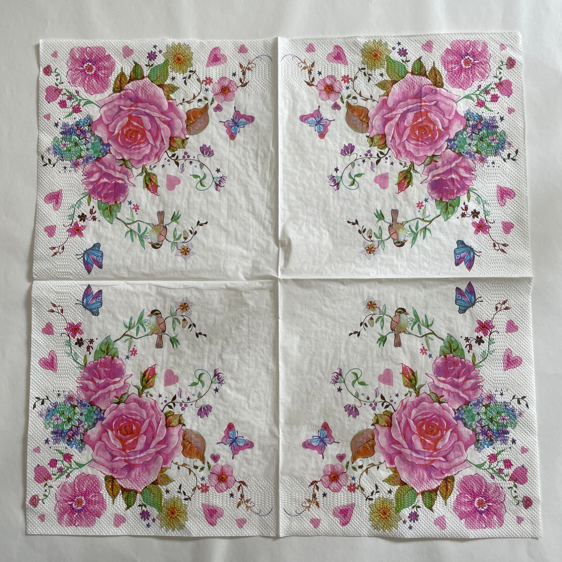 Napkin - Drawn Roses with Butterflies