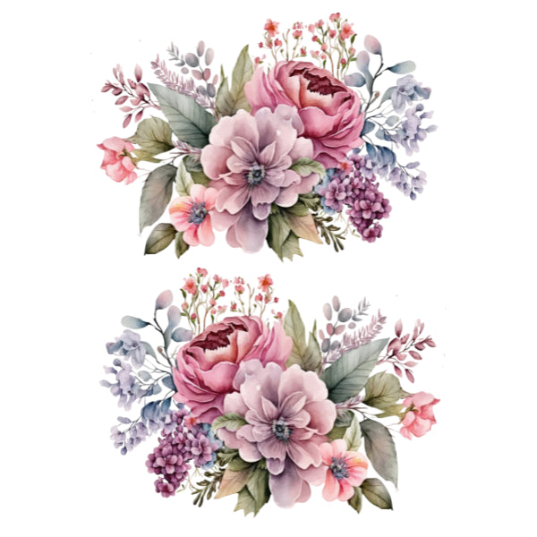 Dreamy Elegance White Cloud Decor Transfer. Two floral bouquets with pink and purple flowers 