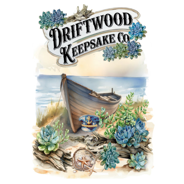 Driftwood Keepsake Co logo with a boat and succulents. White Cloud Decor Transfer