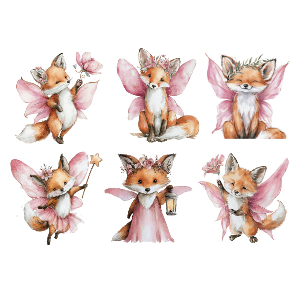 Set of six fox fairies with pink wings and fairy accessories. Fairy Fox White Cloud Decor Transfer