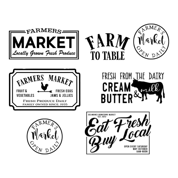 Set of black and white farmer's market-themed labels. White Cloud Decor Transfers Farmers Market Labels 2