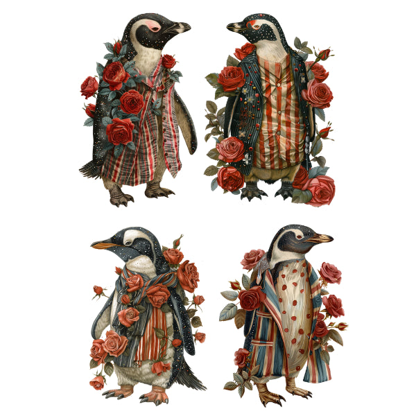Decorative penguins with floral arrangements. Floral Penguins White Cloud Decor Transfer