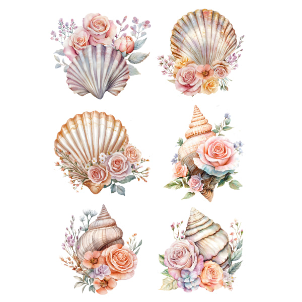 Floral Shell 1 White Cloud Decor Transfer. Decorative shells with floral arrangements 
