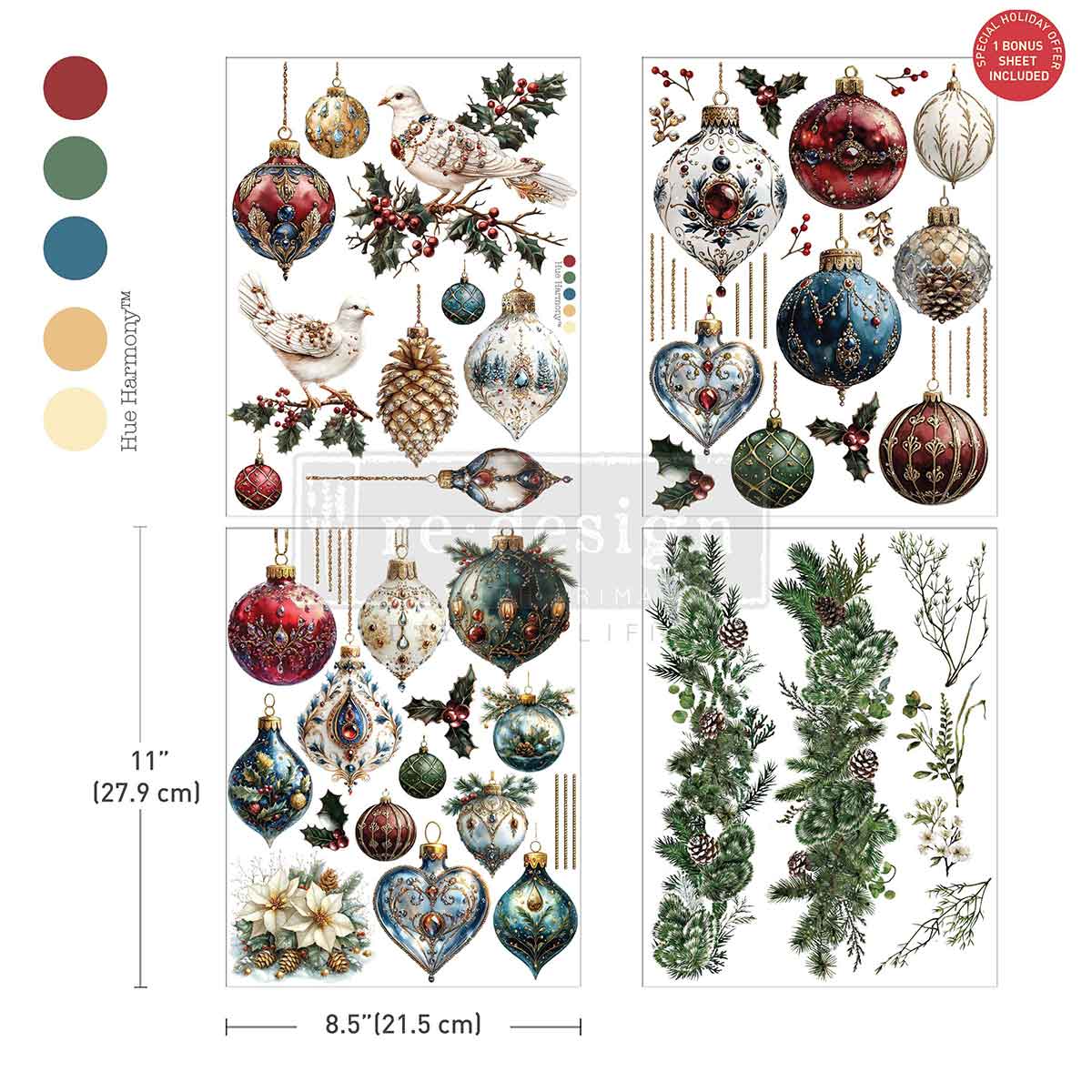 Set of Christmas-themed rub-on transfers with ornaments, birds, and foliage on a white background. Gilded Elegance Middy Redesign Transfer