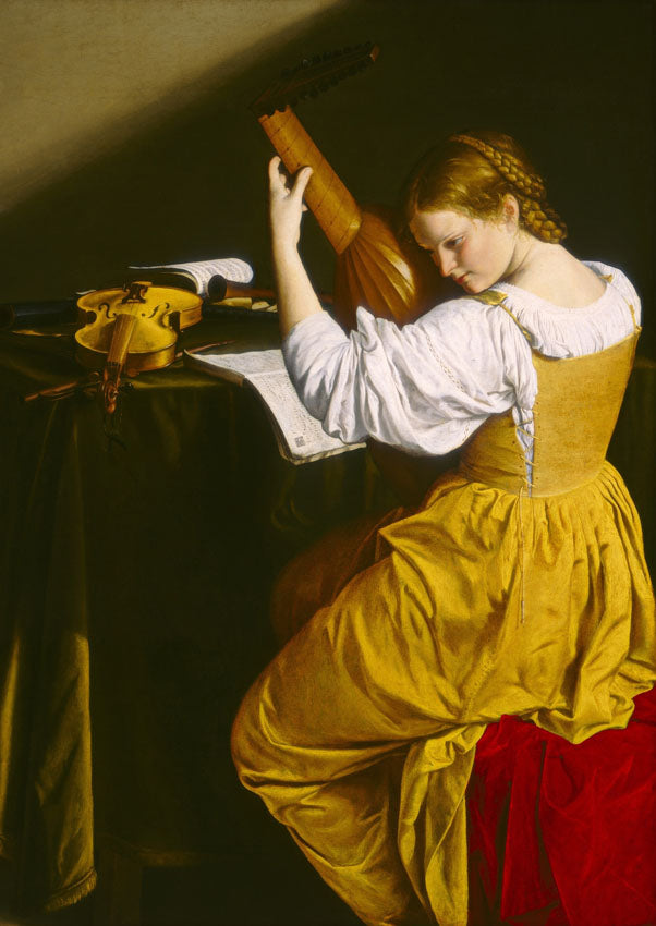 Woman in a yellow dress holding a large wooden object, with a violin and other items on a table.