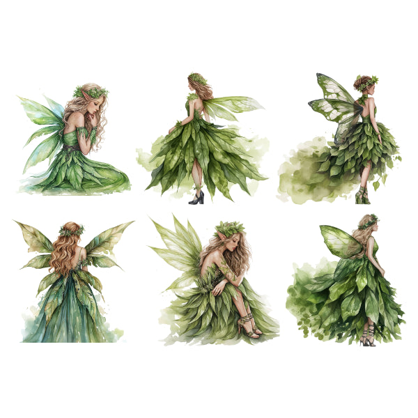 Set of six illustrations of a fairy in a green dress with leafy wings. Green Forest Fairies White Cloud Decor Transfer