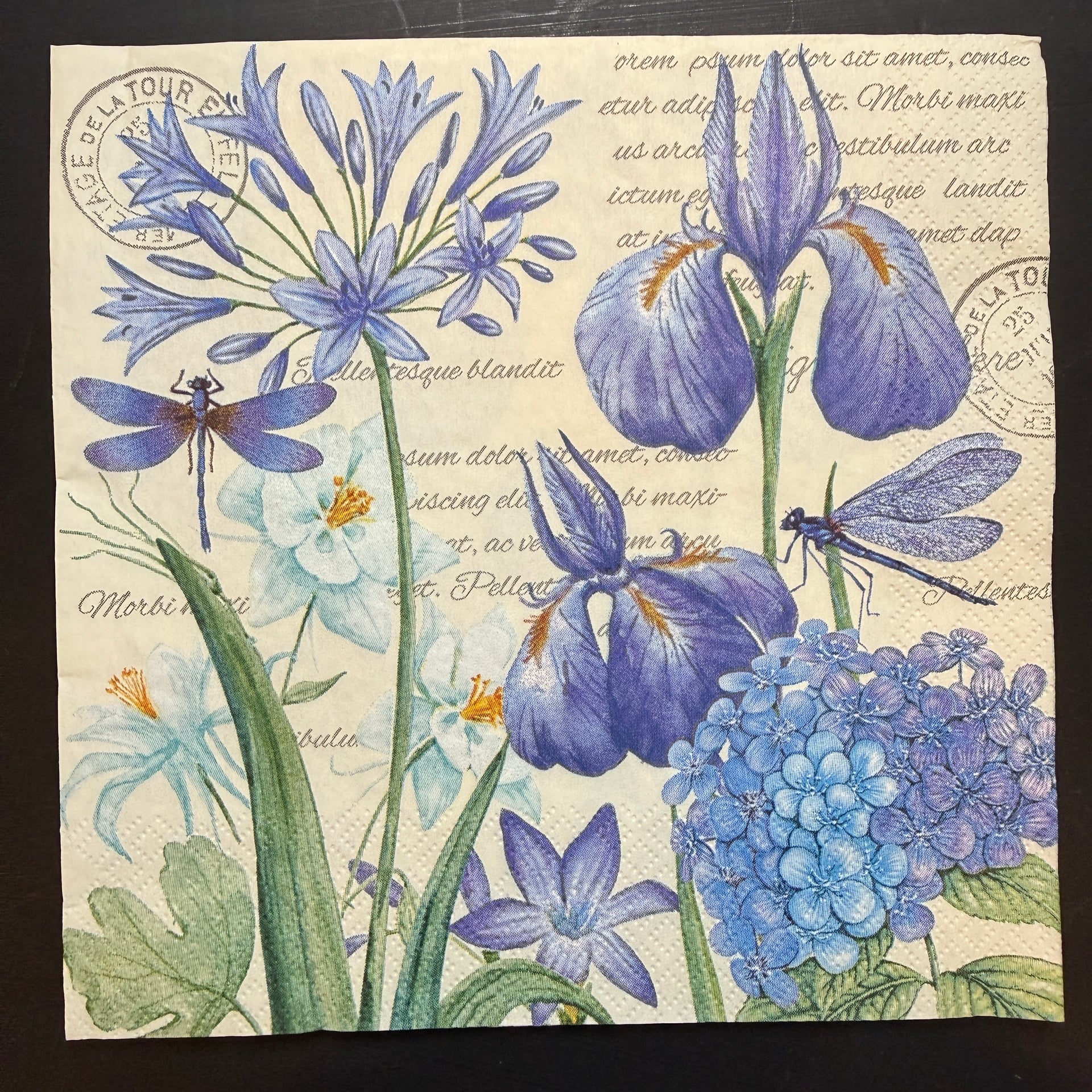 Napkin - Irises, Hydrangeas & Dragonflies