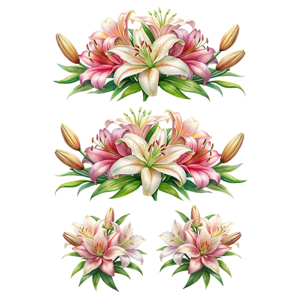 Set of four decorative floral arrangements with pink and white flowers. Lily Whispers White Cloud Decor Transfer