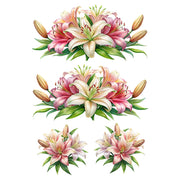 Set of four decorative floral arrangements with pink and white flowers. Lily Whispers White Cloud Decor Transfer