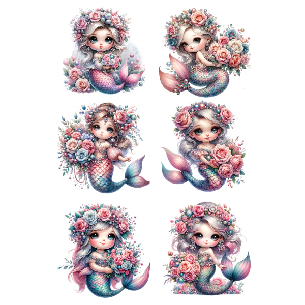 Set of six rub on transfers of mermaids with floral crowns and tails. Mermaid 3 White Cloud Decor Transfer