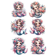 Set of six rub on transfers of mermaids with floral crowns and tails. Mermaid 3 White Cloud Decor Transfer