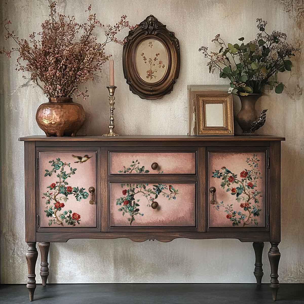 Decorative wooden sideboard with floral designs, vases, and framed pictures on a neutral wall.