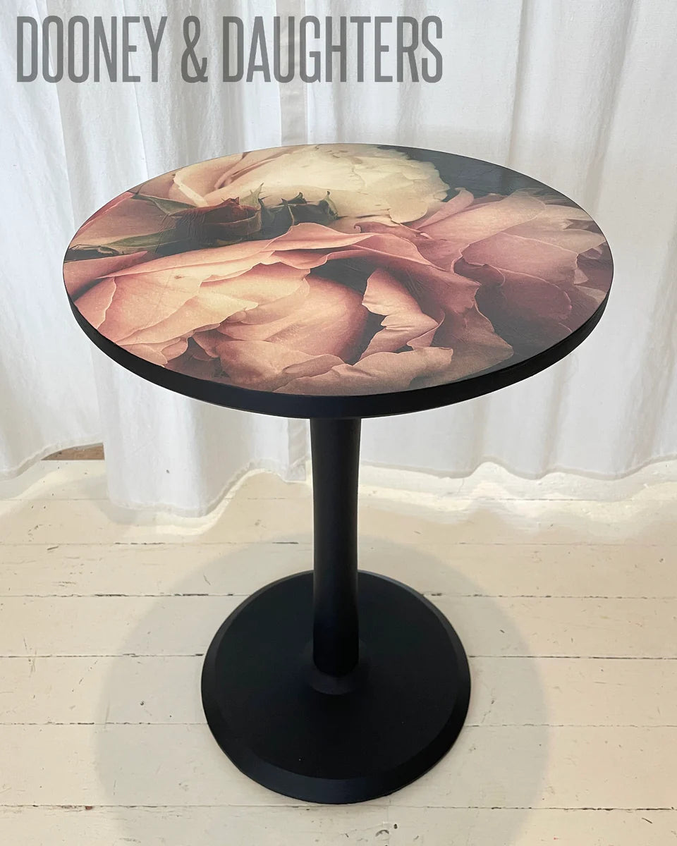 Round table chalk painted in black with floral design Moody Florals decoupage paper.