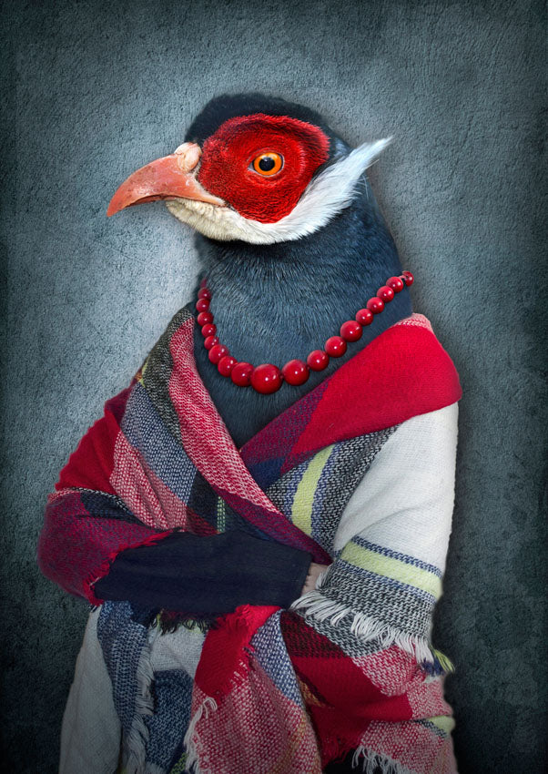 Bird wearing a colorful scarf and red beads against a dark background