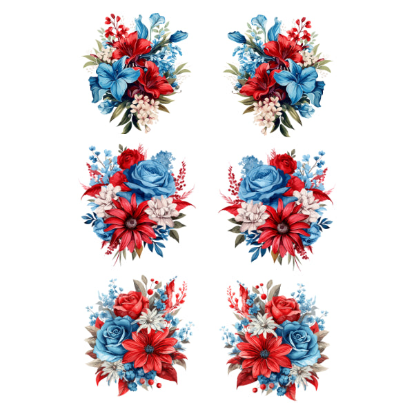 Set of six floral bouquets in red, blue, and white. Nautical Elegance White Cloud Decor Transfer
