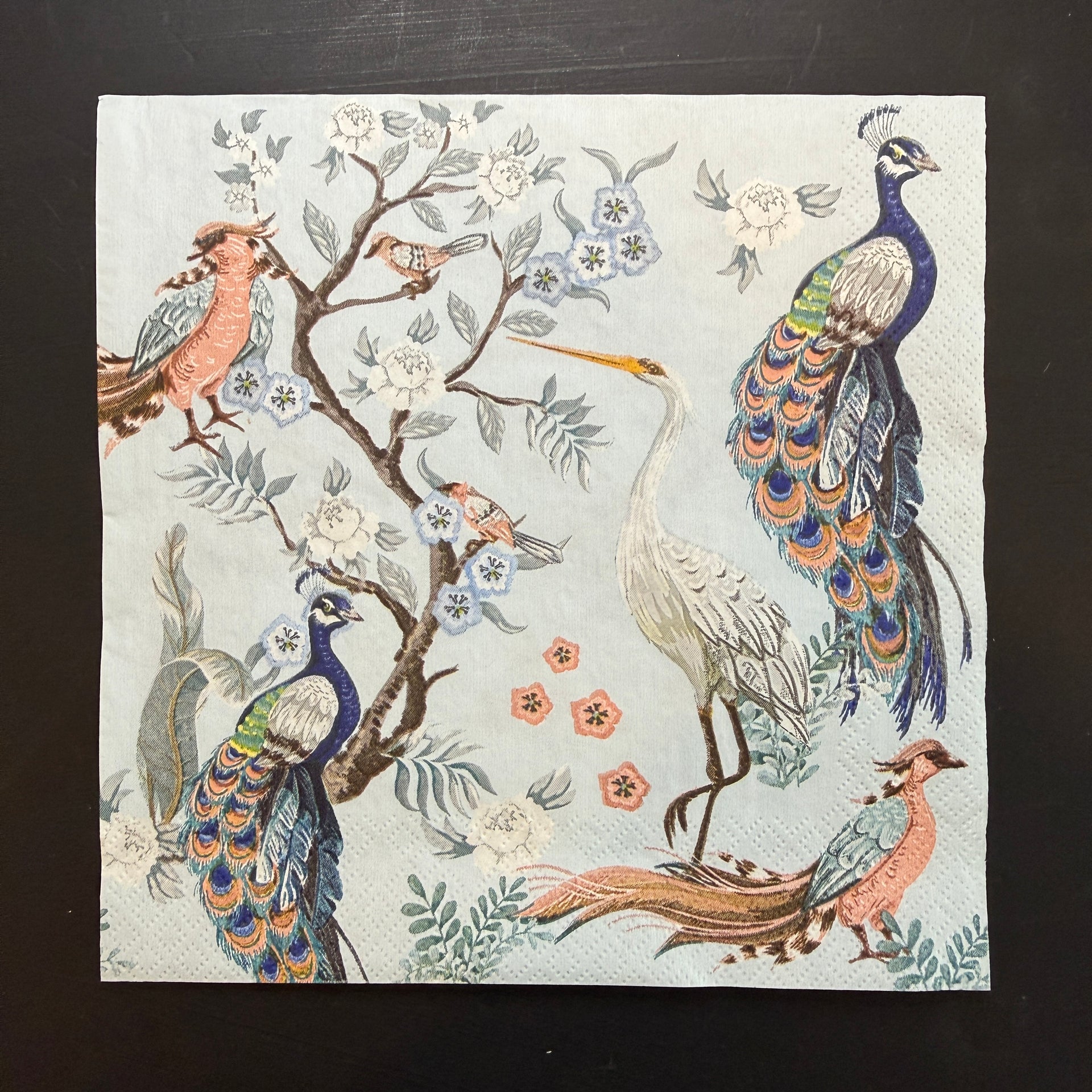Napkin - Peacocks & Heron in Garden on Blue