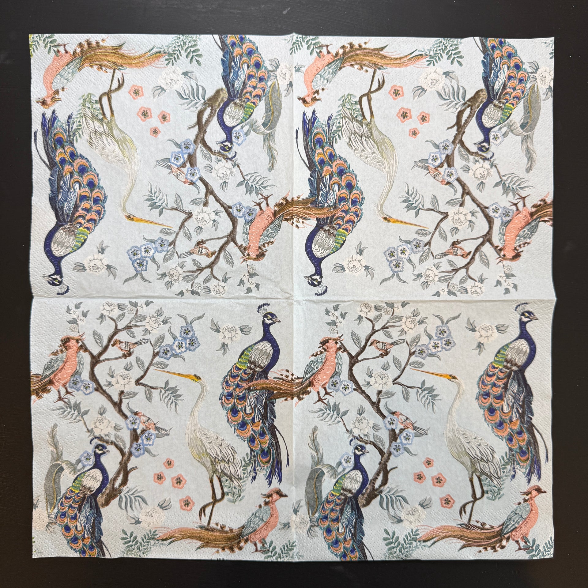 Napkin - Peacocks & Heron in Garden on Blue