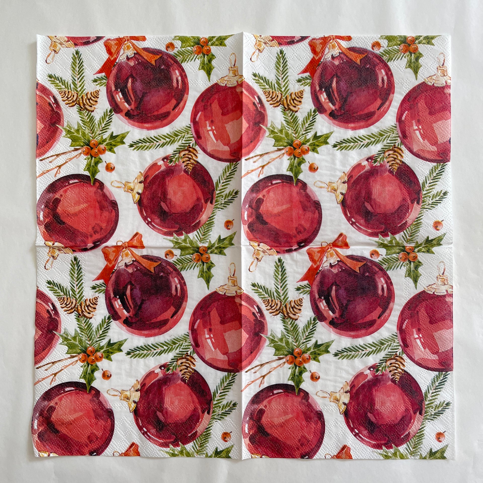 Napkin - Red Baubles on White